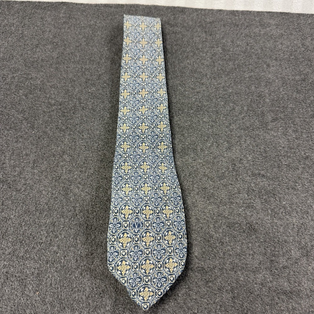 Vtg Valentino Cravatte Silk Tie Italy Medallion Geometric Blue Gold Mosaic Mens